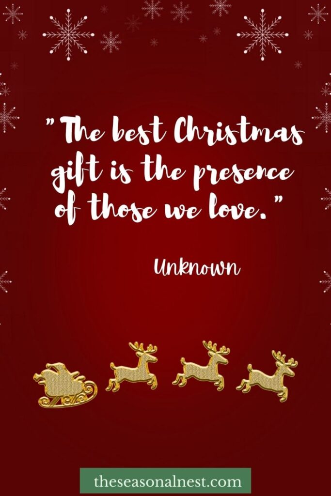 Deep red background card with reindeer and a Christmas quote.