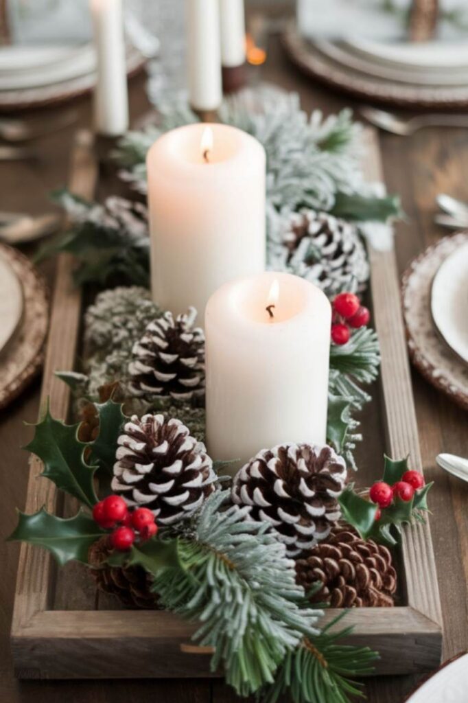 Rustic farmhouse Christmas centerpiece with frosted pinecones and candles.
