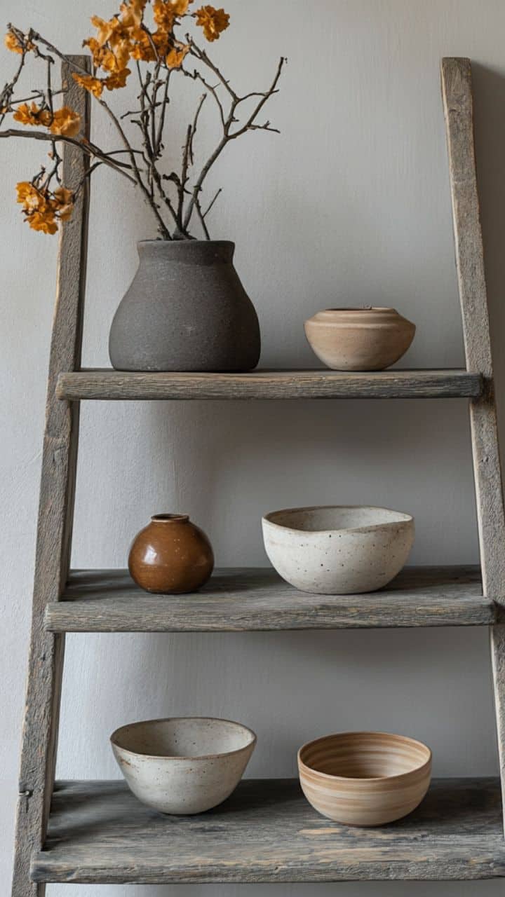 Rustic wooden ladder shelf styled with neutral ceramic bowls and clay vases, simple farmhouse wall decor with earthy tones and natural textures.