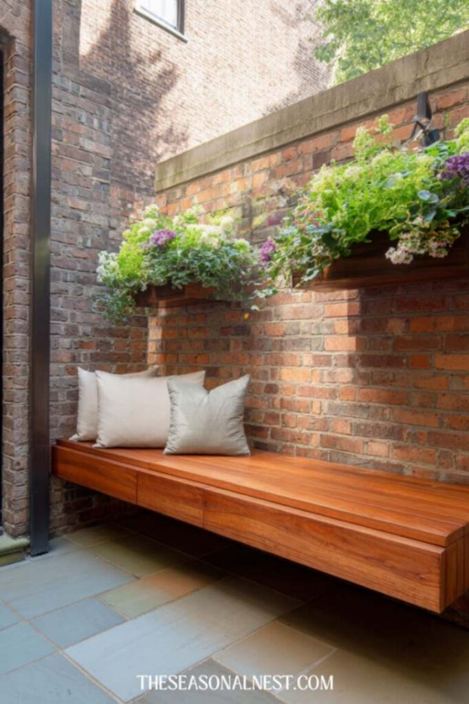 A wooden bench mounted to the wall, adorned with wall planters.