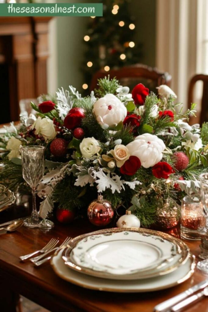 Floral Christmas table centerpiece with red and white roses, evergreens, and ornaments.