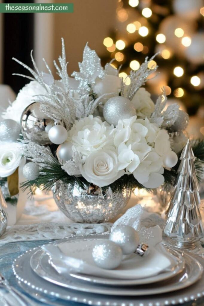 Elegant silver Christmas table centerpiece with white flowers and ornaments.