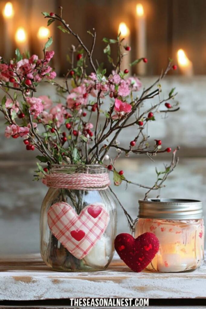 Faux Valentine centerpiece with mason jar, artificial flowers and branches, fabric heart decor, and candle jar on a rustic shelf.