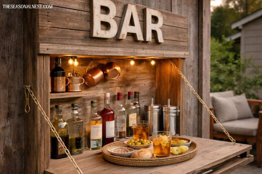 Fold down wooden backyard bar with shelves, bottles, hanging mugs, and a drop down counter in a small outdoor space.