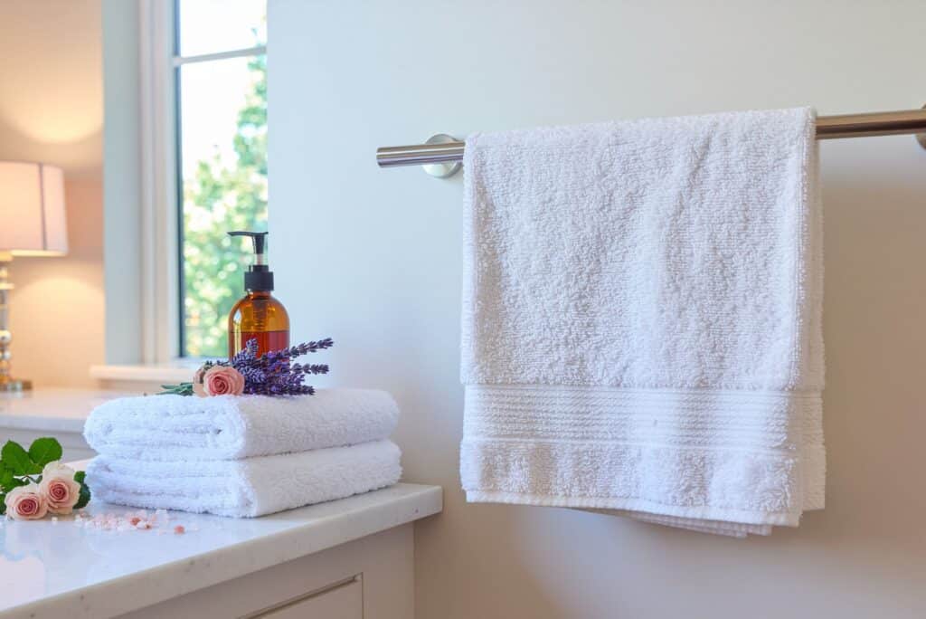 Fresh white towels with fresh lavender and roses in the bathroom.