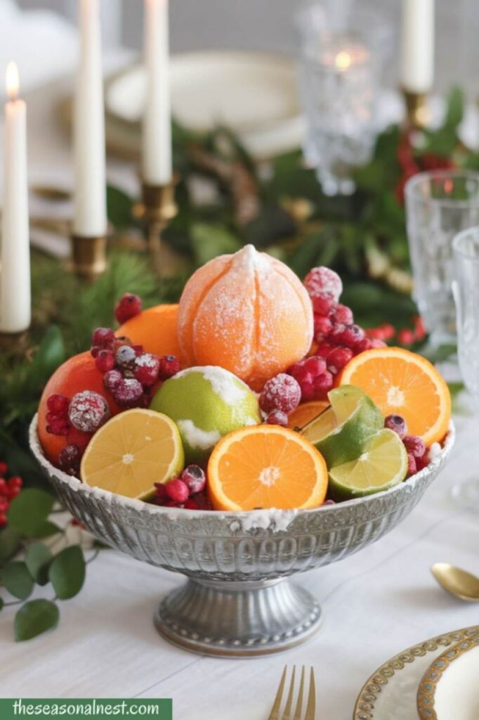 Frosted fruit centerpiece with oranges, cranberries, and limes.