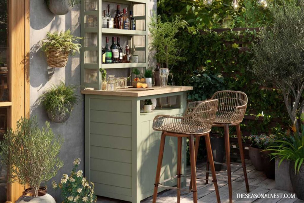 A green outdoor bar with wooden top and woven stools in a garden.
