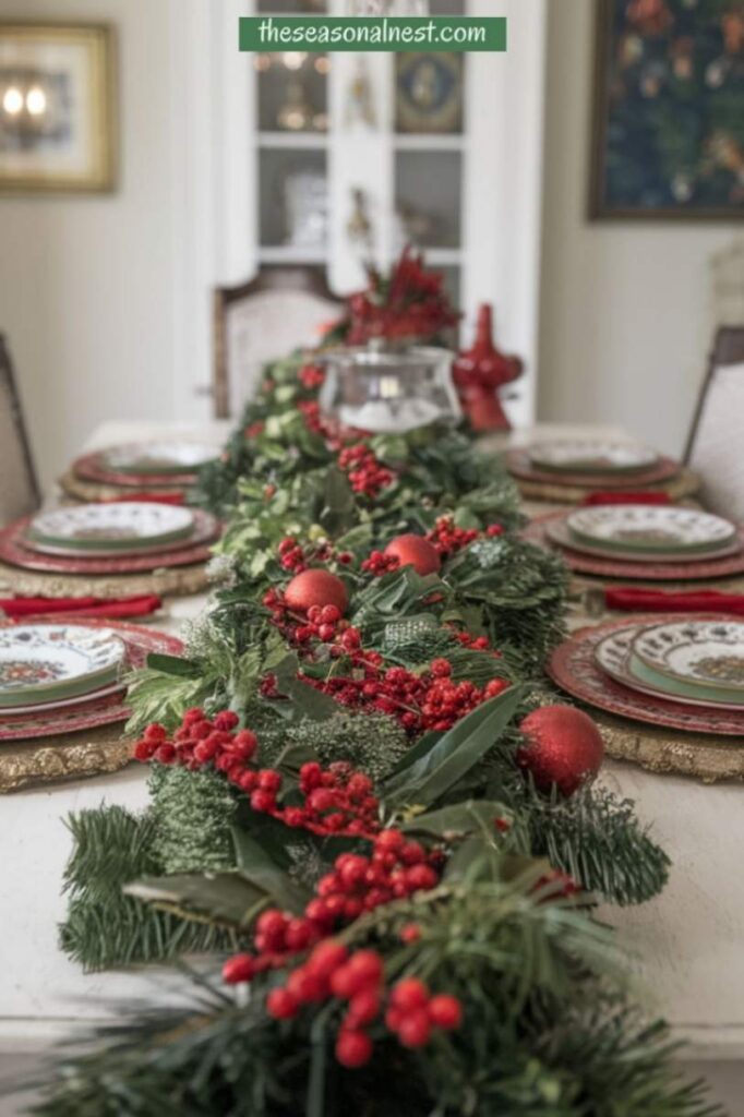 Christmas garland centerpiece with evergreens, red berries, and ornaments.