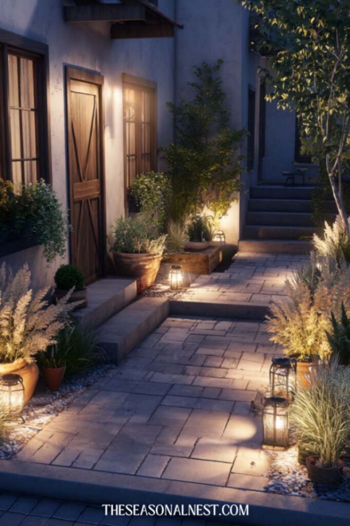 Low ground lighting in a small patio with planters.