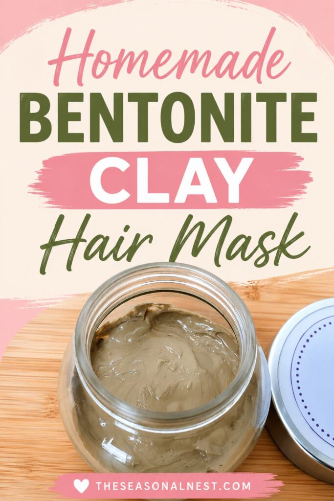 A jar of homemade bentonite clay hair mask on a wooden surface with pink and green text overlay reading Homemade Bentonite Clay Hair Mask