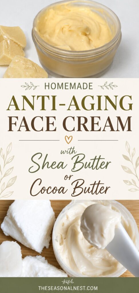 Homemade anti aging face cream recipe with Shea butter and cocoa butter.