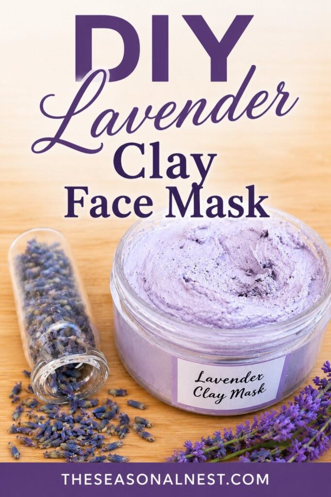 DIY Lavender clay face mask in a container, lavender seeds in a transparent long tube and a few lavender sprigs.