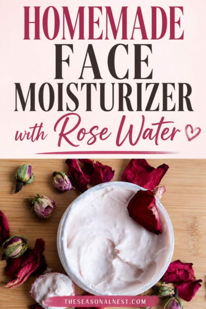 Homemade face moisturizer with rose water in a container with scattered rose petals and rosebuds.