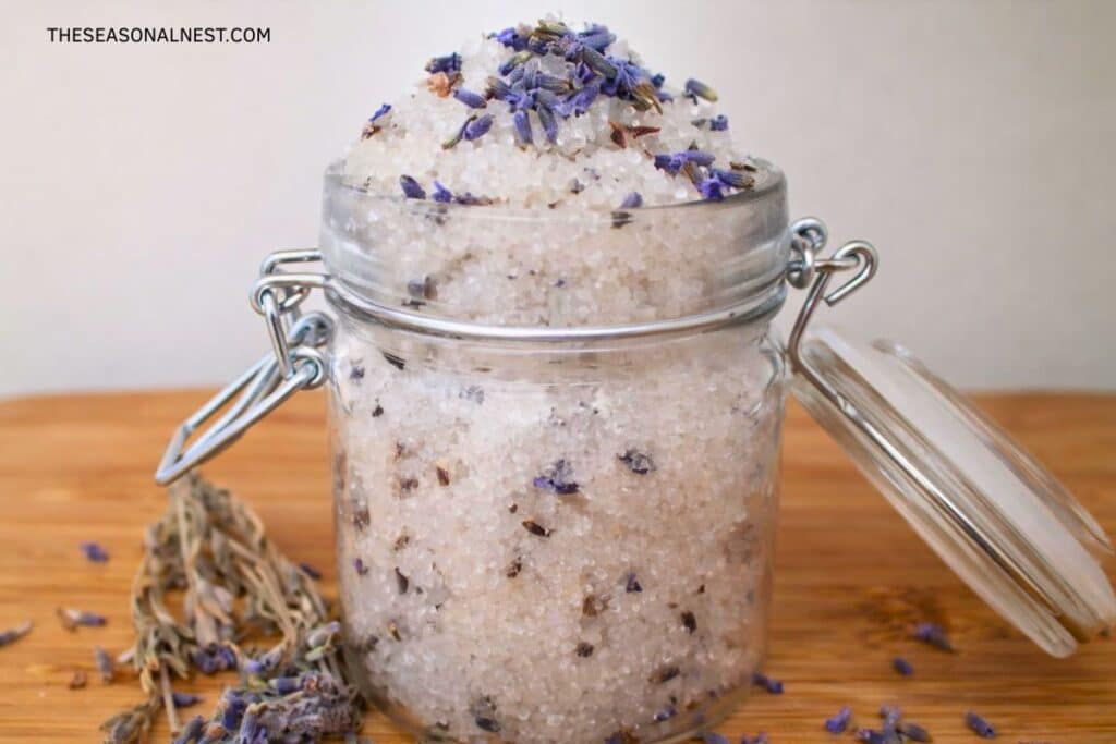 Homemade lavender sugar scrub in a Mason jar.
