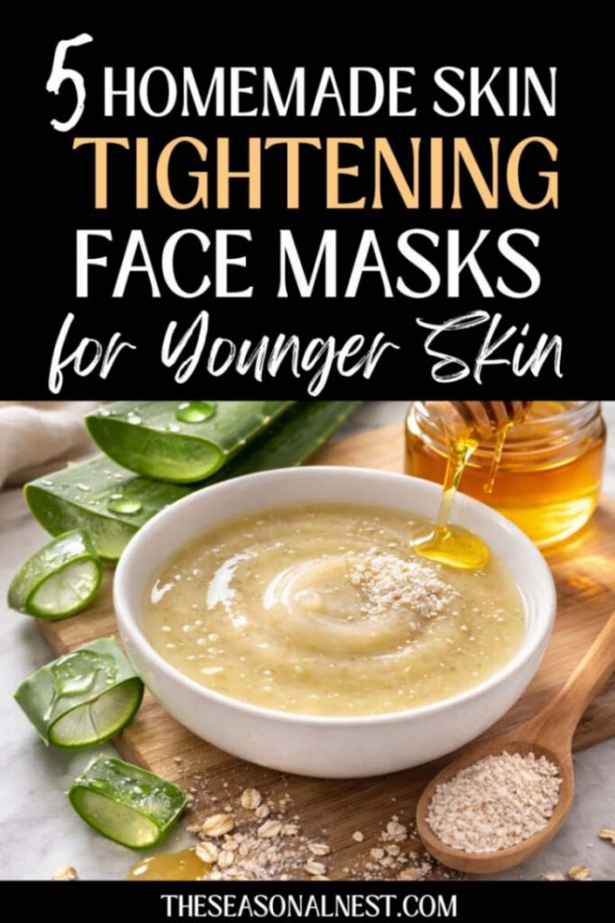 Homemade skin tightening face masks with natural ingredients like Aloe vera, honey, and a spoon with oatmeal and a bowl over a wooden board.