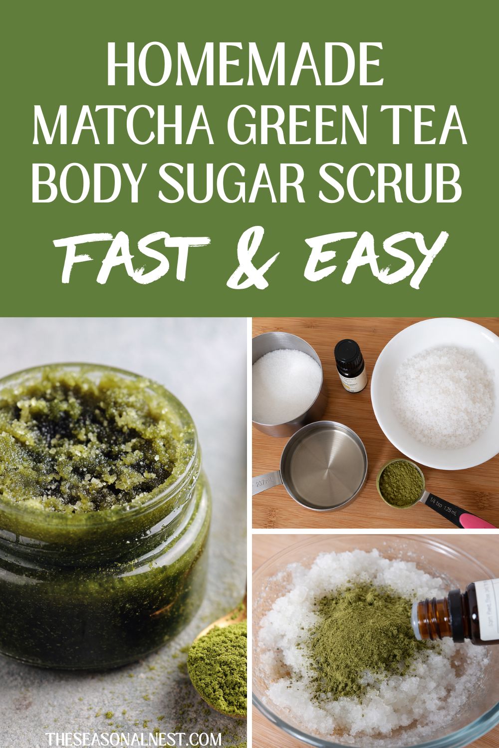 Homemade matcha green tea sugar scrub in a jar with step by step ingredients including sugar, oil, matcha powder, and essential oil.