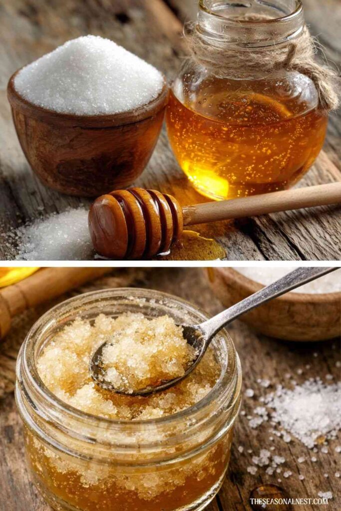 DIY lip scrub with sugar and olive oil ingredients and finished scrub in a small glass jar.
