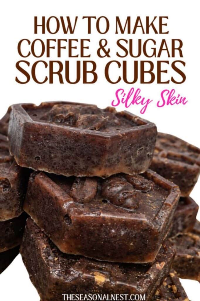 Close-up of stacked hexagon coffee scrub bars with honeycomb and coffee bean designs, showing textured exfoliating surface and rich brown layers with the text: "How to make coffee & sugar scrub cubes" "Silky Skin"