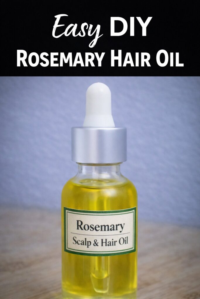Easy DIY rosemary hair oil mix in a bottle with a dropper.