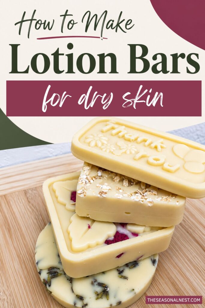 How to make lotion bars to moisturized the body Pinterest pin with stacked homemade lotion bars on a wooden surface and bold pink and green text overlay.