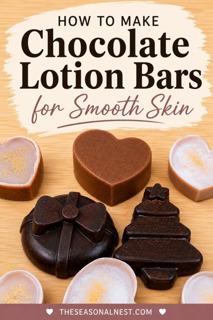 Homemade chocolate lotion bars in heart, gift, and Christmas tree shapes on a wooden surface with the text How to Make Chocolate Lotion Bars for Smooth Skin.
