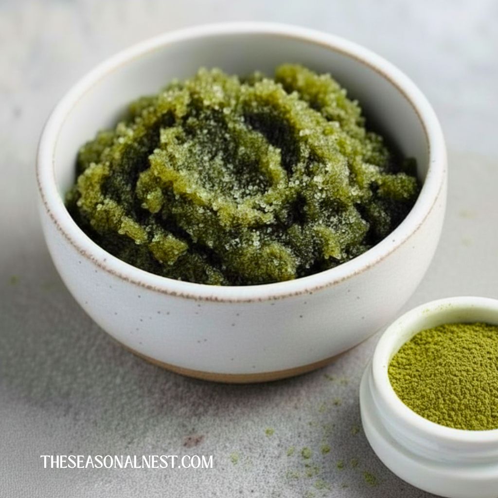 Matcha body scrub in a white bowl. A small container with matcha green tea powder.