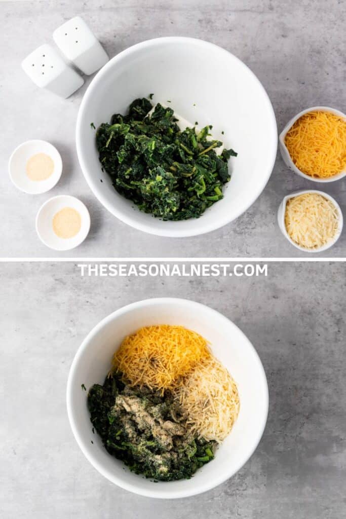 Spinach in a bowl with grated cheese and condiments