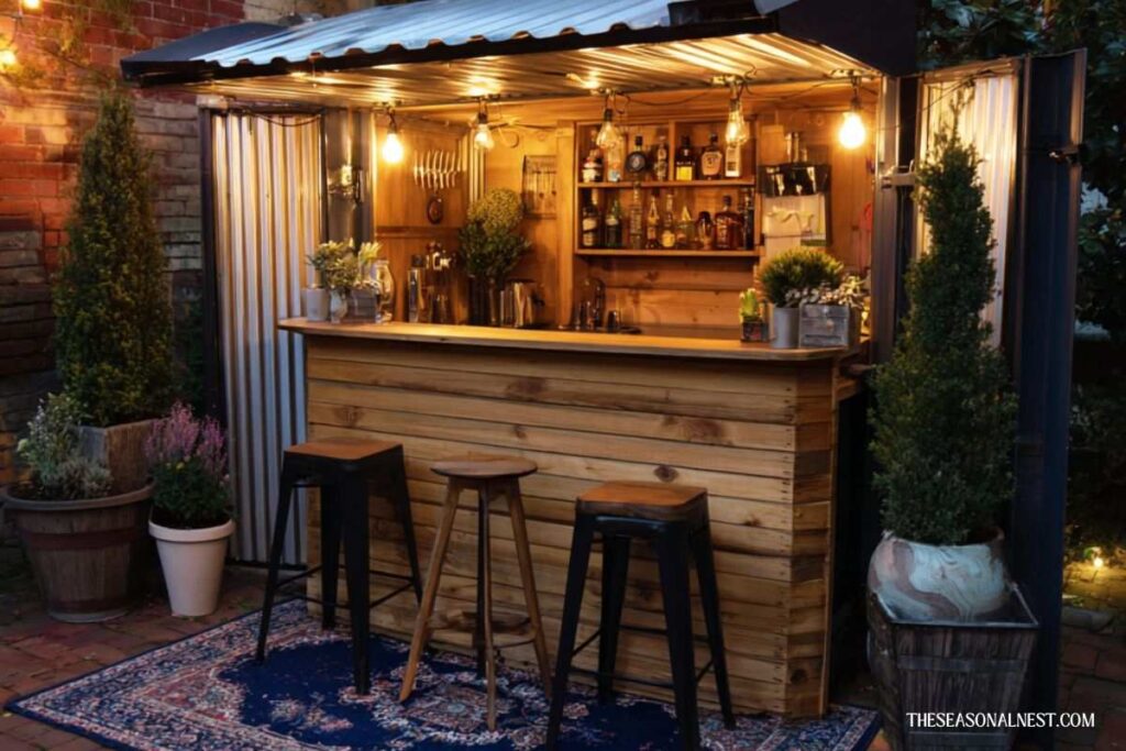 Wooden outdoor bar with shelves, stools, and string lights at night.