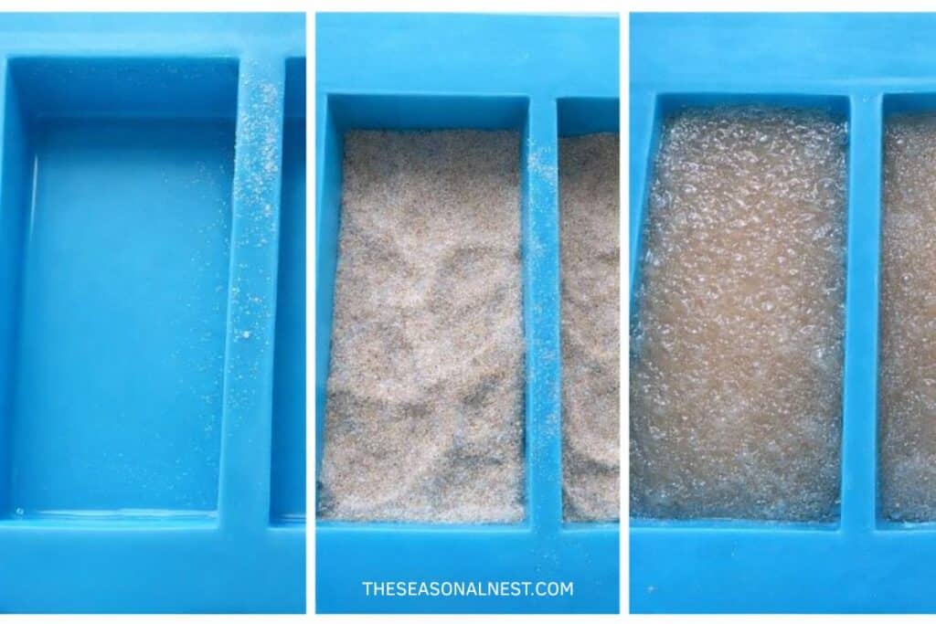 Coconut sugar scrub mixture in silicon molds.