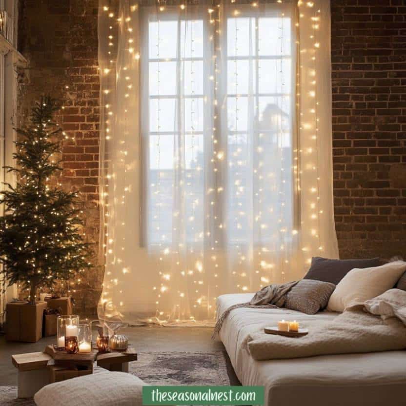 Living room with string lights, a simple Christmas tree, and warm decor.