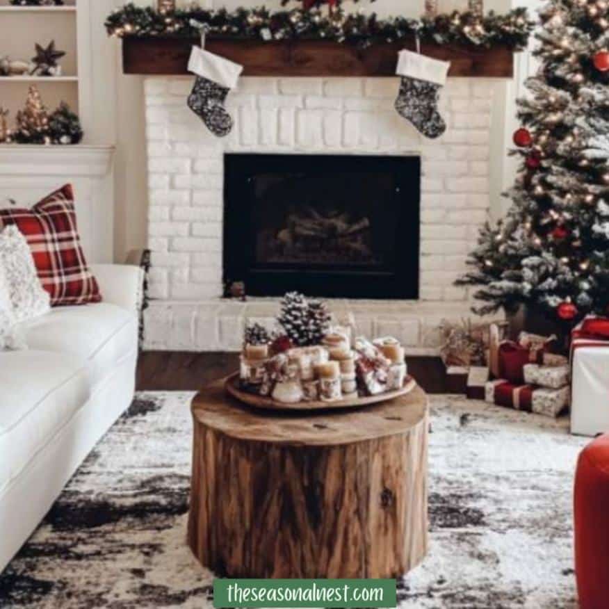 Rustic coffee table with pinecones, candles, and holiday decor in a festive living room.