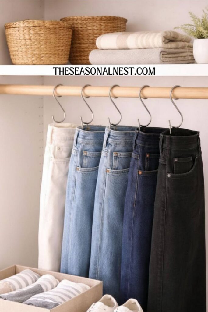Jeans organized in hooks in a closet. A top shelf with baskets and linen.