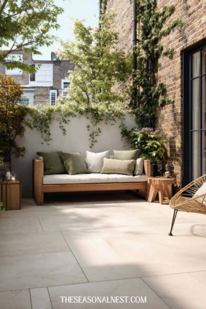 A small patio with oversized paving slabs, a wooden bench with cushions and plants.