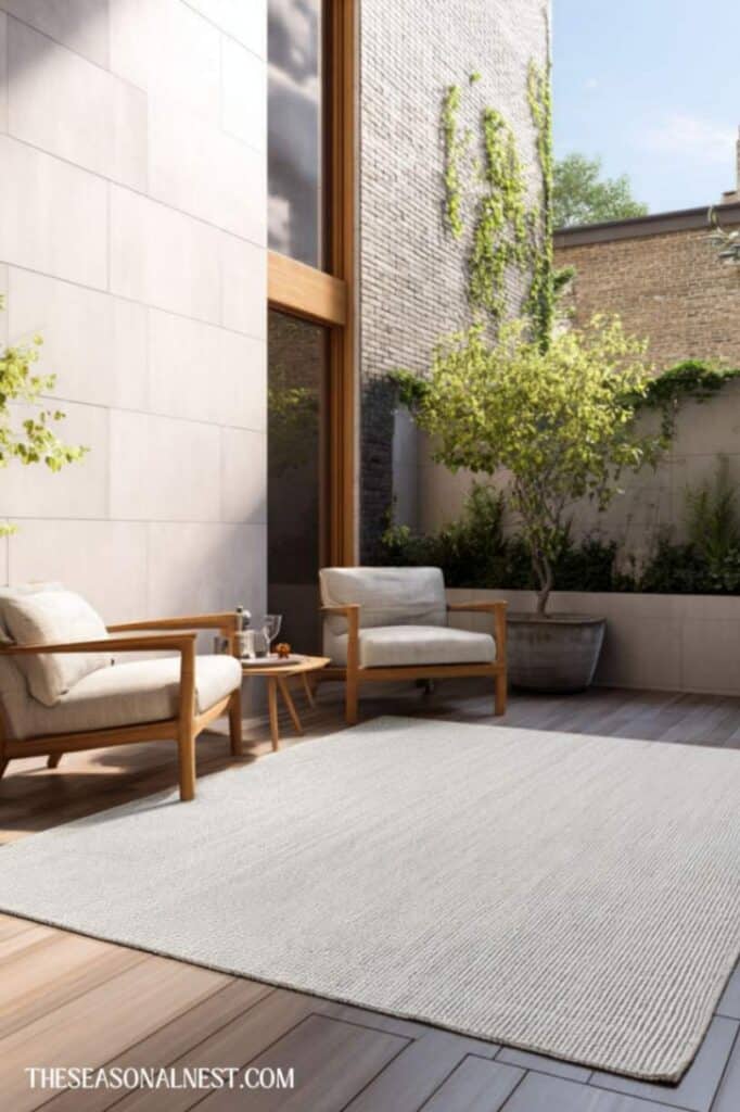 Large rug covering the wood patio floor with 2 chairs and a small table.