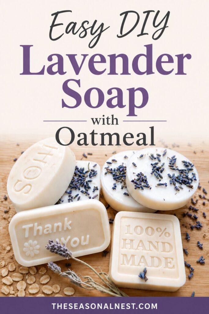 Lavender oatmeal soap bars with oatmeal, lavender seeds and lavender sprigs.