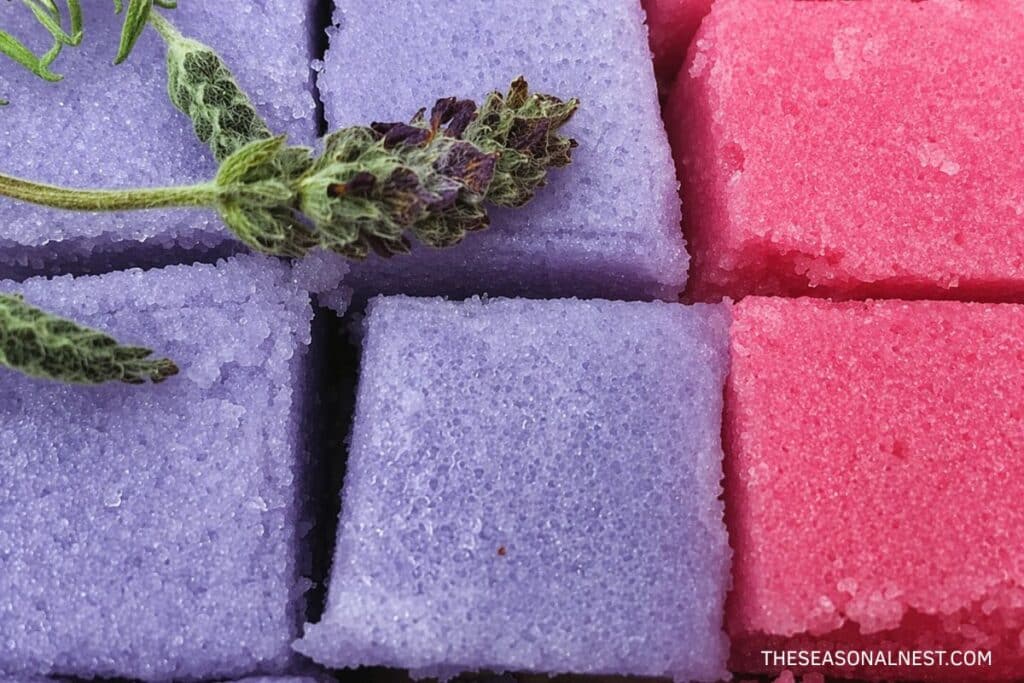 Purple and pink sugar scrub cubes.