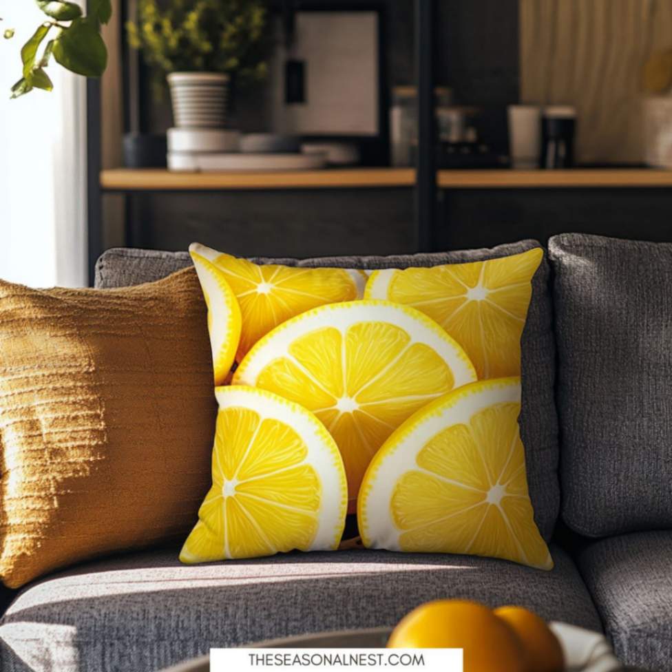 Lemon slice decorative cushion on a gray sofa with mustard accent pillow in a cozy living room.