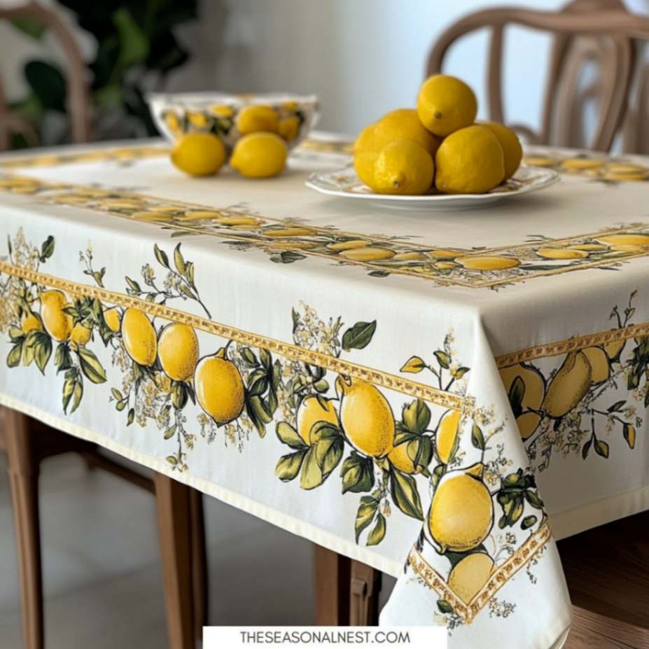Table set with lemon printed tablecloth and a bowl of lemons on a white plate.