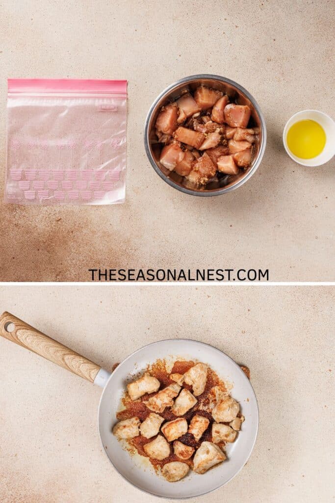 Chicken pieces on a fry pan and marinating in a plastic bag.