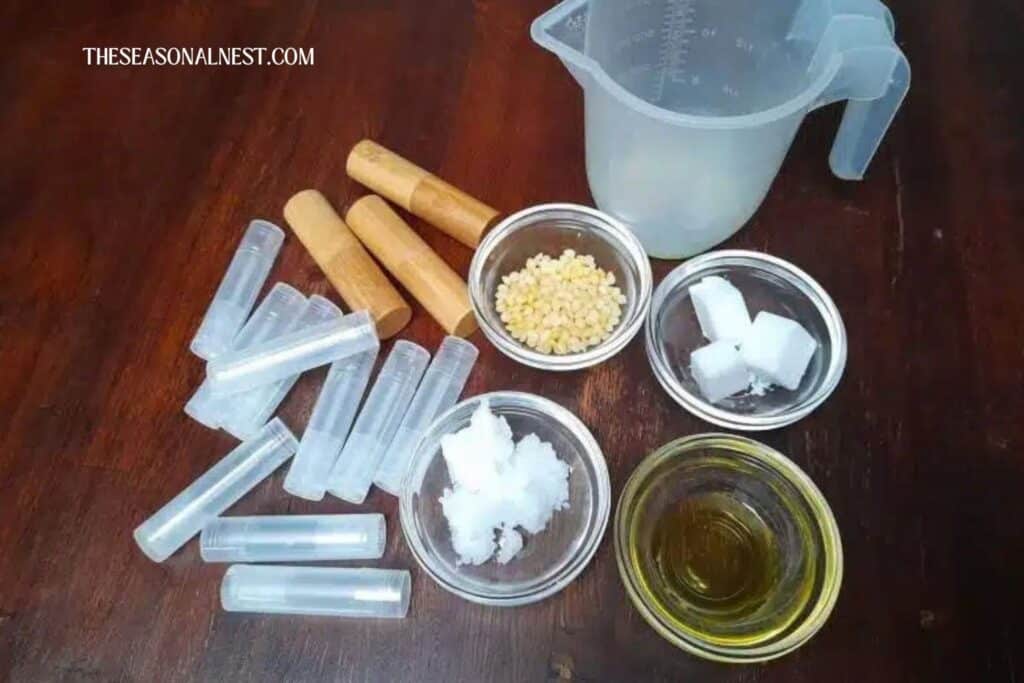 Ingredients to make Shea butter, coconut oil and beeswax lip balm