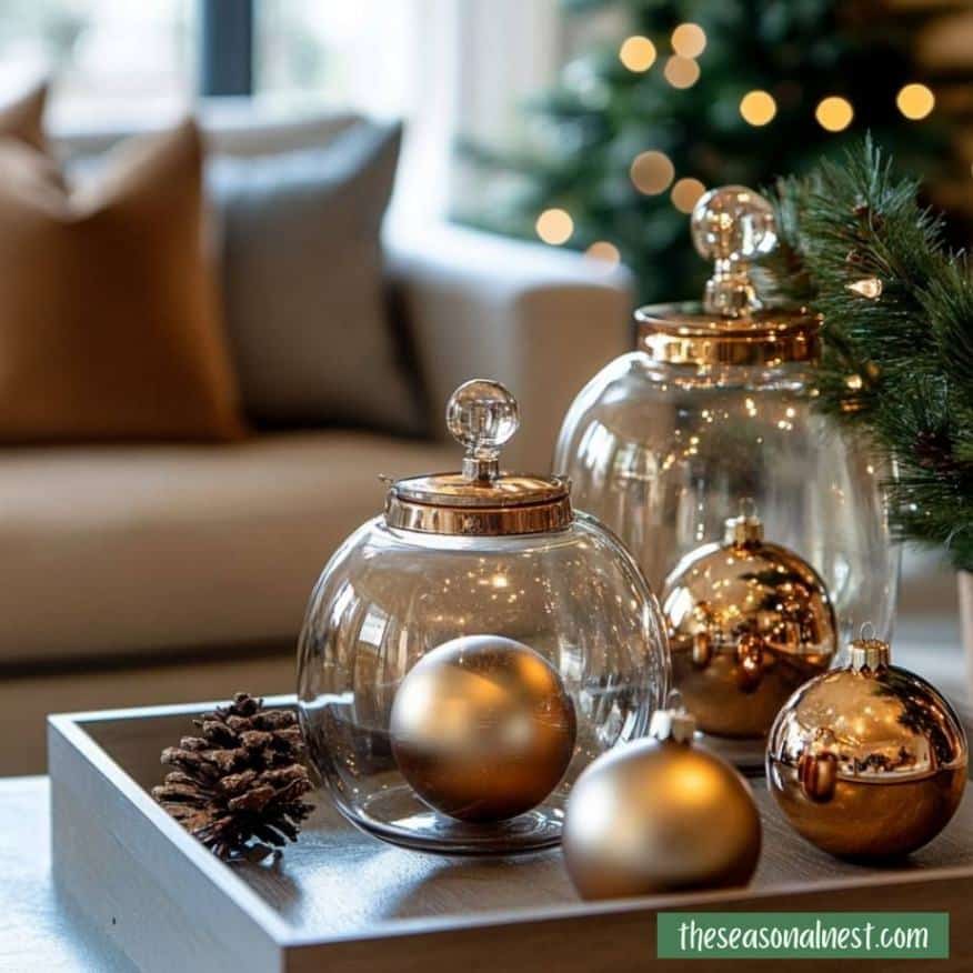 Clear jars with gold baubles and pinecones as a festive centerpiece.