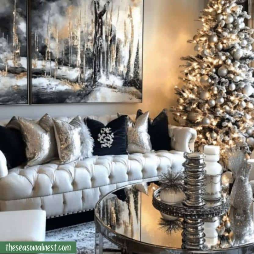 Metallic silver Christmas decor with a frosted tree and shimmering pillows in a modern living room.