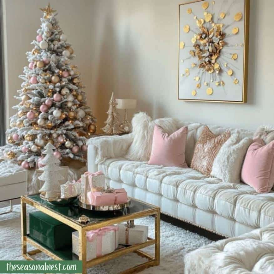 Pastel-themed Christmas tree with pink and gold accents in a cozy living room.