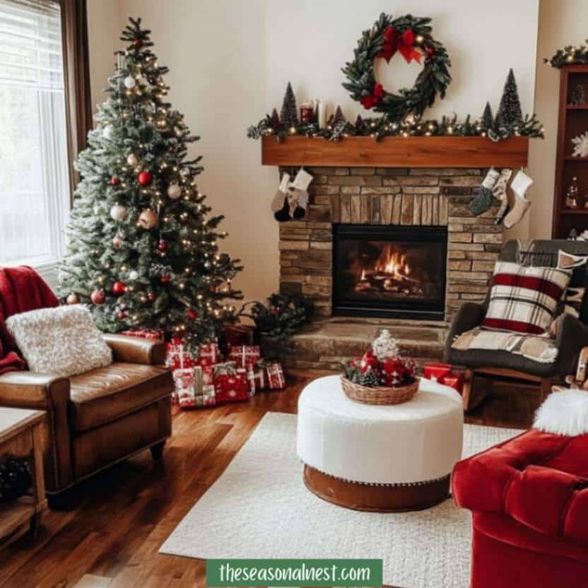 Rustic living room with a decorated fireplace, red and green Christmas accents, and wrapped gifts.