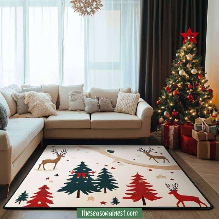 Living room with a Christmas-themed rug, red and gold tree, and cozy pillows.