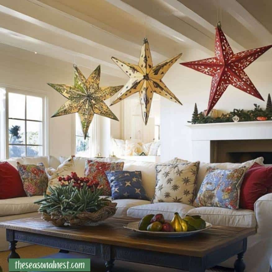 Hanging paper stars and festive pillows in a colorful Christmas living room.