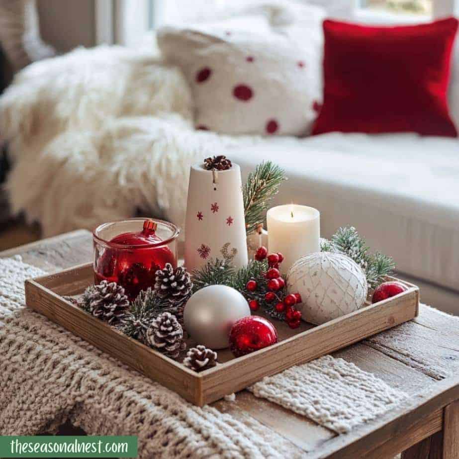 Tray centerpiece with candles, pinecones, and ornaments on a rustic table.