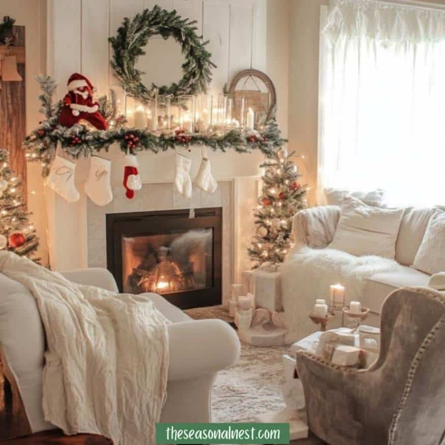 Fireplace decorated with greenery, candles, and white stockings in a cozy living room.