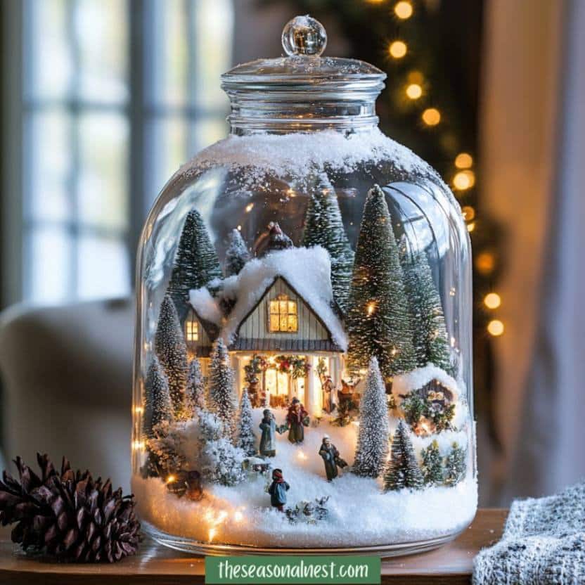 Glass jar with a mini Christmas village and glowing lights.