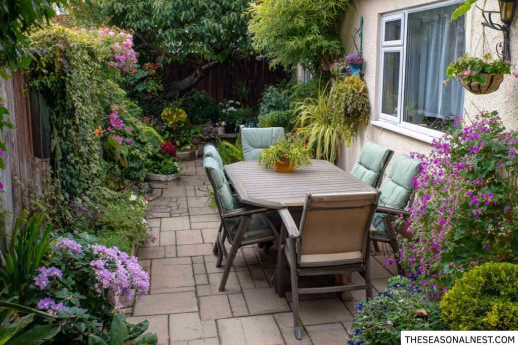 Long, narrow backyard patio with an outdoor dining table surrounded by lush garden plants and flowers.